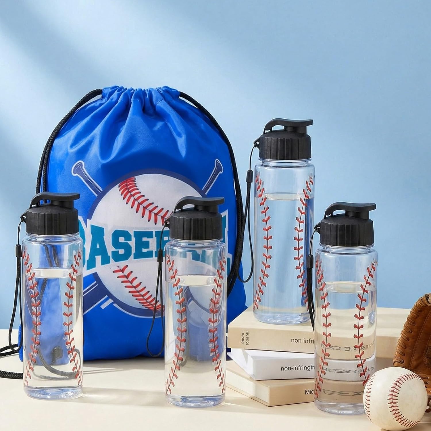 Mifoci 24 Pieces Baseball Water Bottle and Baseball Drawstring Backpack Set 12 Pcs 17oz Reusable Plastic Water Bottle 12 Pcs Gym Goodie Gift Bag for Summer Gym Travel Party Outdoor - Image 6