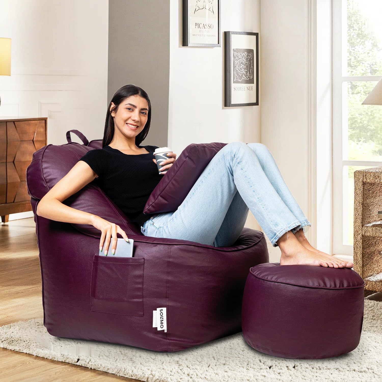 Amazon Brand - Solimo Lounger Premium Faux Leather Bean Bag Combo with Footrest & Cushion | Multifunctional Pocket | Capacity: Upto 6 3" Height, 120 KG Weight | 4XL | Maroon (B0CB668NF1) Amazon Price History, Amazon Price Tracker