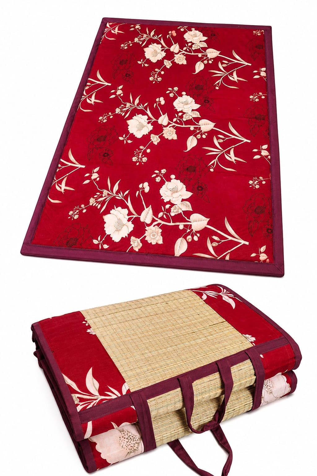 Foldable Korai Grass Mat with Bed (4 * 6Ft 2.5th mm,2.4kg) pai Bed | Foam with Cotton CushionMattress For Double ,Using Floor, Travel,sleeing,Picnic, Exercise, red Floal Patten,mat bed-picture-18