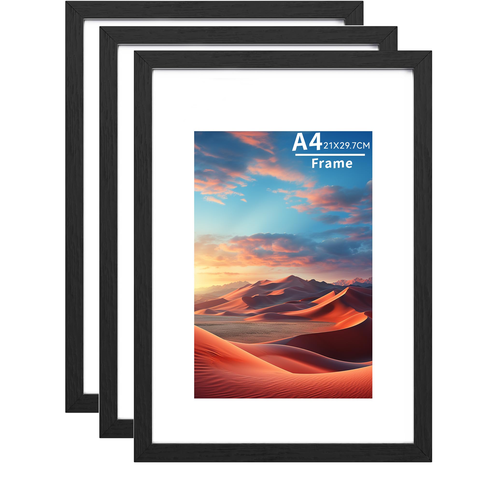 A4 Frame Wooden Set of 3, Picture Frames with A5 Mount,A4 Photo Frame with Acrylic Glass, A4 Picture Frame with Stand Tabletop or Wall Hanging,Certificate Frame Landscape or Portrait Orientation,Black — image 1