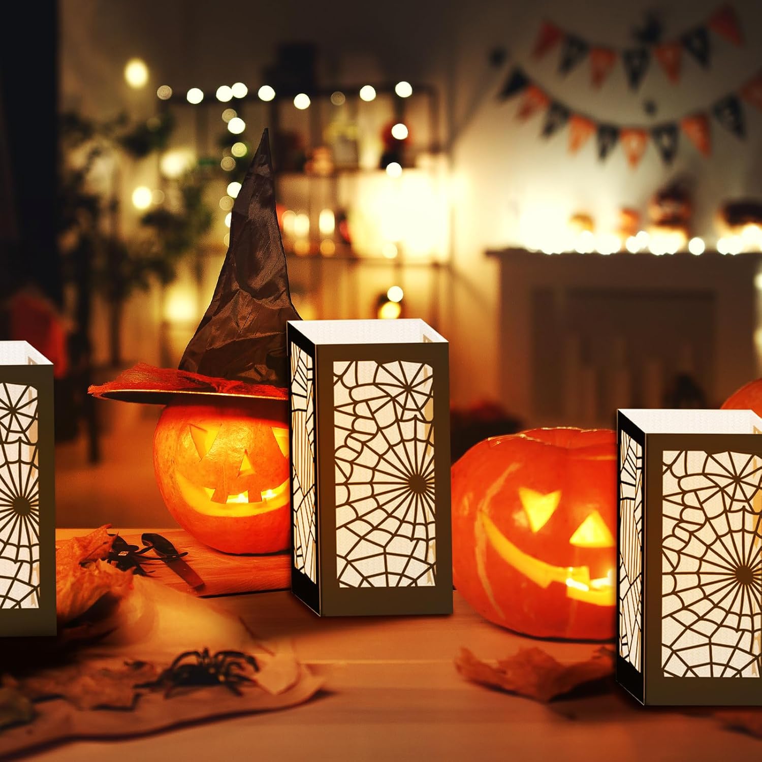ハロウィンパーティーデコレーション 4個 ハロウィンテーブルセンターピースボックス クモの巣 ペーパーランタンボックス ハロウィーン