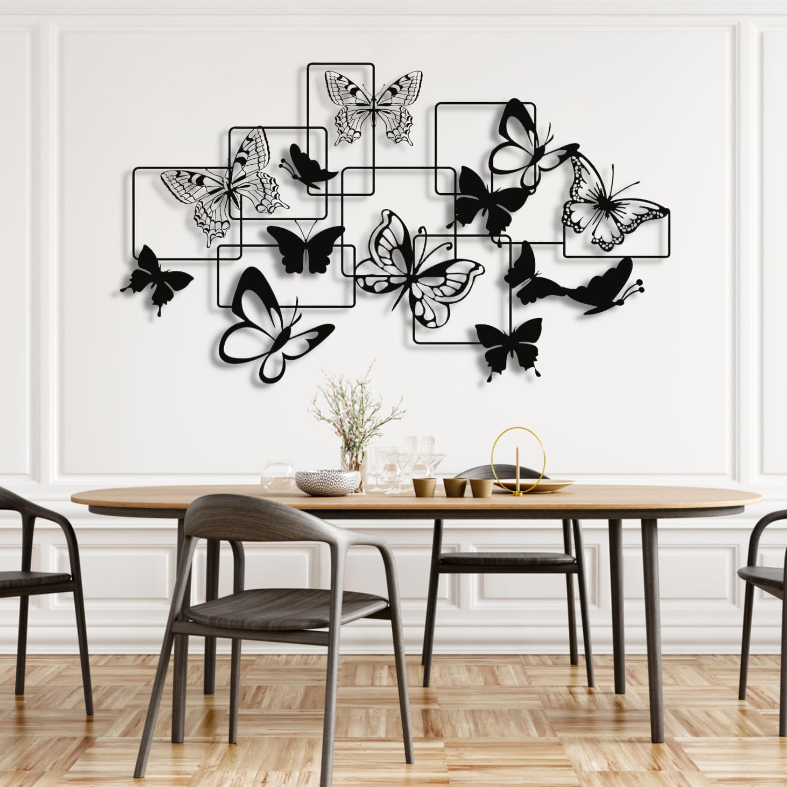 Metalowa dekoracja ścienna, dekoracja ścienna, motyl, dekoracja motyla, stado motyli, domowe biuro, wejście, dekoracja salonu (biała, 100 x 58 cm)