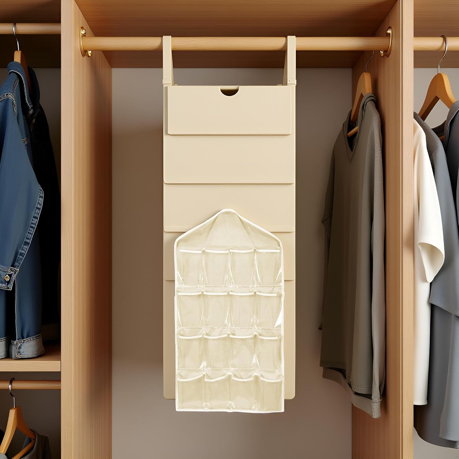 Beige Hanging Storage Bag for Closets, Portable 16 Pockets Hanging Organizer for Socks, Bras and Underwear, Closet Organizers and Storage Closet Bag, Behind the Door Organizer
