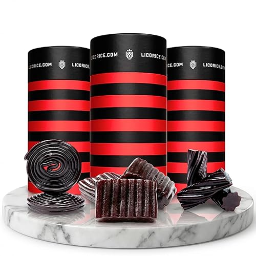 Licorice.com Caja de Regalo de Caramelos Trío de Regaliz Negro Suave y Masticable Regaliz Australiano Dulce y Rico en Espirales y Almohadillas