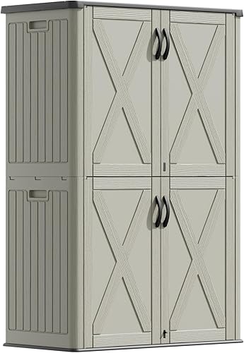 Devoko Armario de almacenamiento para exteriores de 50 pies cúbicos, cobertizo de almacenamiento vertical de resina, sostiene muebles de patio,