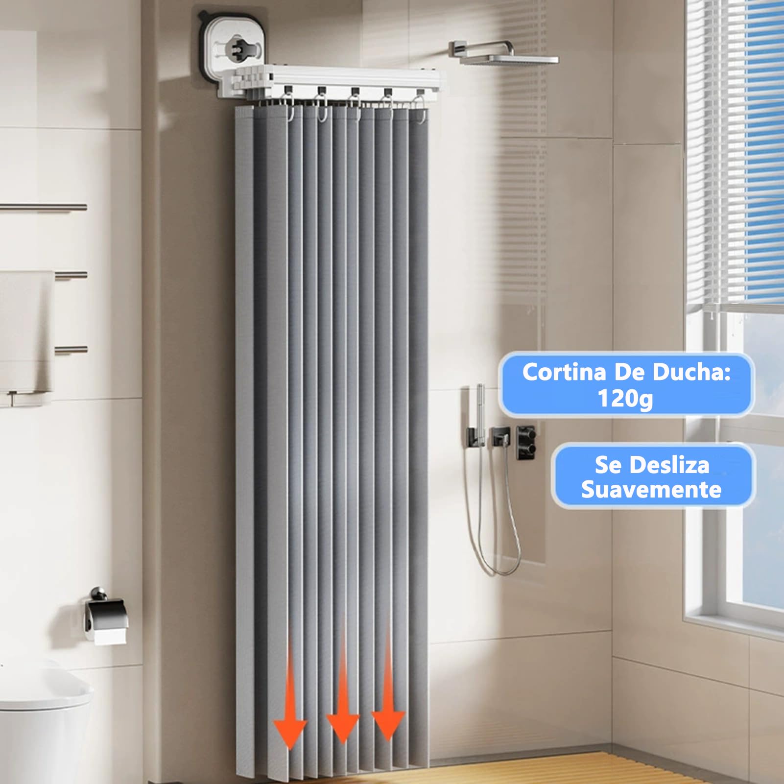 Barra de Cortina de Ducha Plegable con Cortina de Ducha, Barras de Cortina de Esquina con anillos de Cortina, Barra de Cortina de Ducha Para baño y Bañera, sin Taladrar (Blanco, 5-fold)