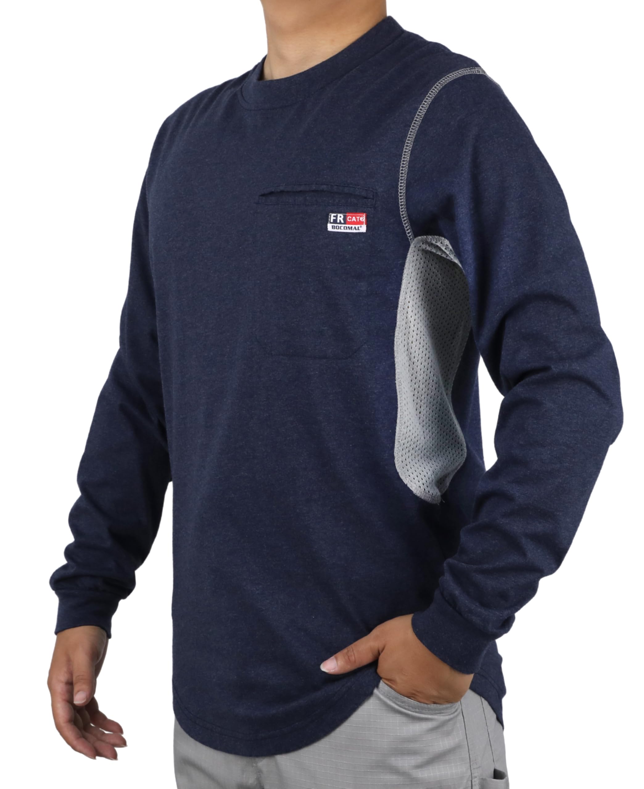 BOCOMAL FR Shirts for Summer Breathable Vented Design 6oz Heather Jersey Flame Resistant Long Sleeve Crew T Shirt