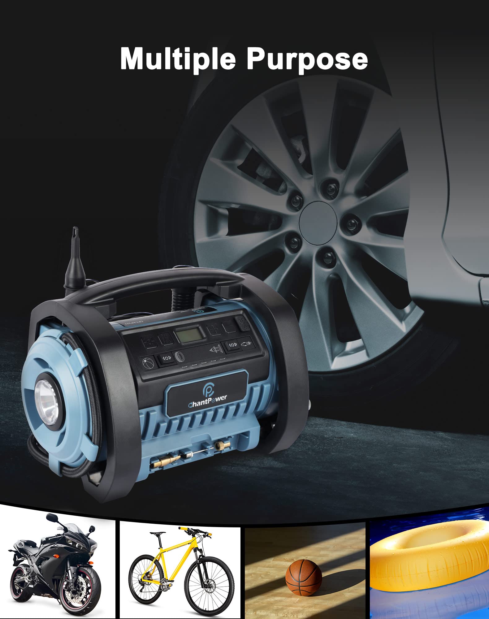 Tire Inflator Air Compressor, 12V DC / 120V AC Dual Tire Pump For Bike