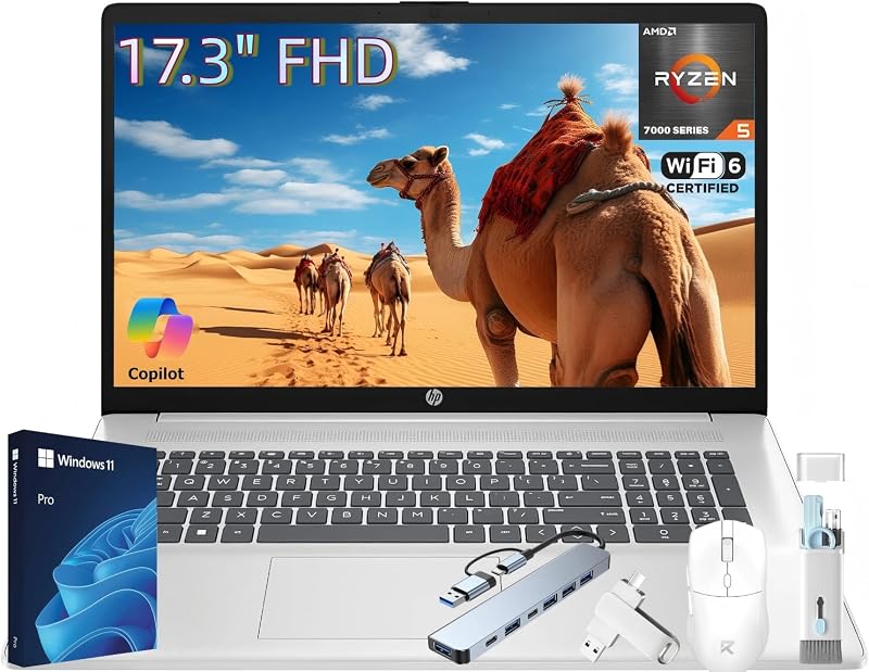 HP 17 Inch Laptop Computer, 17.3" FHD IPS Display, 16 GB RAM, 512 GB SSD, AMD Ryzen 5 7430U (Up to 4.3GHz), Wi-Fi 6, Bluetooth 5.3, Copilot AI, Business & Students, Windows 11 Pro, W/Accessories