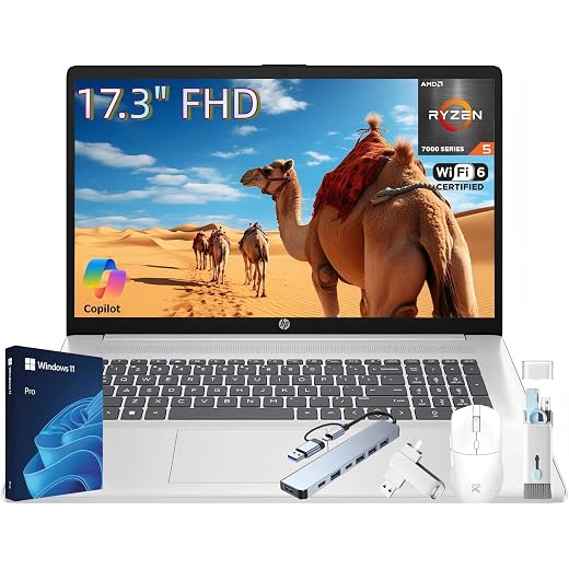 HP 17 Inch Laptop Computer, 17.3" FHD IPS Display, 20 GB RAM, 1 TB SSD, AMD Ryzen 5 7430U (Up to 4.3GHz), Wi-Fi 6, Bluetooth 5.4, Copilot AI Key, Business & Students, Windows 11 Pro, W/Accessories