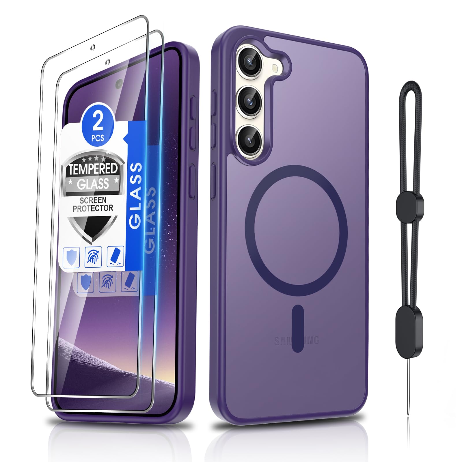 Dizn for Samsung Galaxy S23 Plus Matte Cover,[Not Fit S23],S23 Plus Phone Case with Tempered Glass Screen Protector,Compatible with MagSafe,with Strap,Military-Grade Protective S23+,Dark Purple