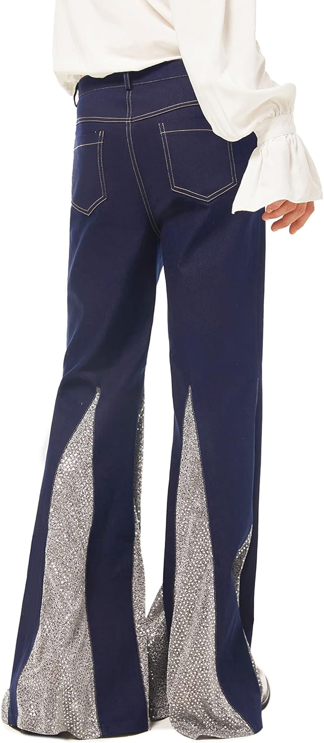 COREWO 70s Disco Pants Hippie Vintage Costume Dance Party Nightclub Sequin Bell Bottom Printed Pants (XX-Large, Jeans Pants) : Clothing, Shoes & Jewelry