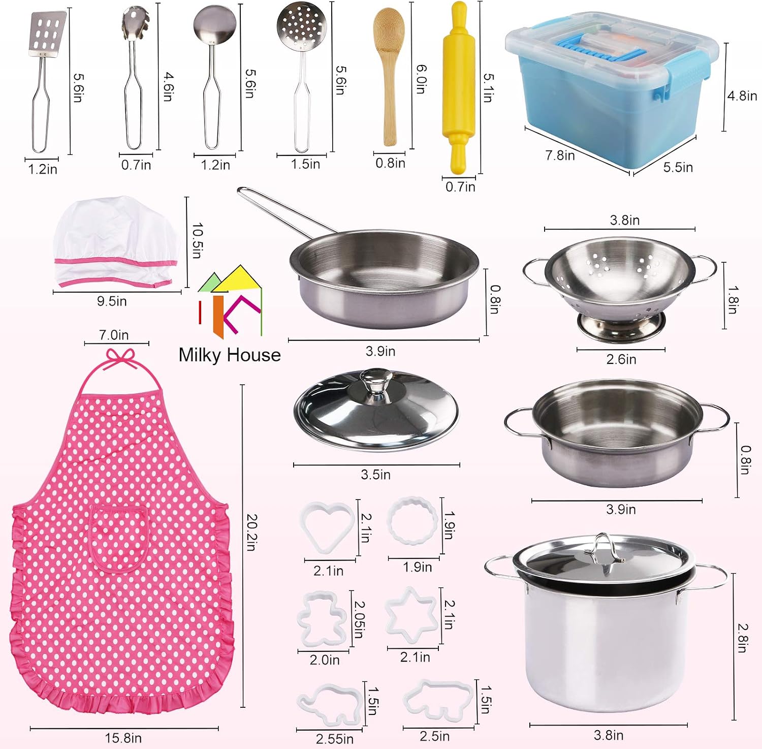 37 Pieces Pretend Play Toy Kitchen Cooking & Baking with Stainless Steel Cookware Pots & Pans Set, Cooking Utensils Cookie Cutters Cutting Vegetables Apron & Chef Hat for Boys Girls Over 12 Years Old