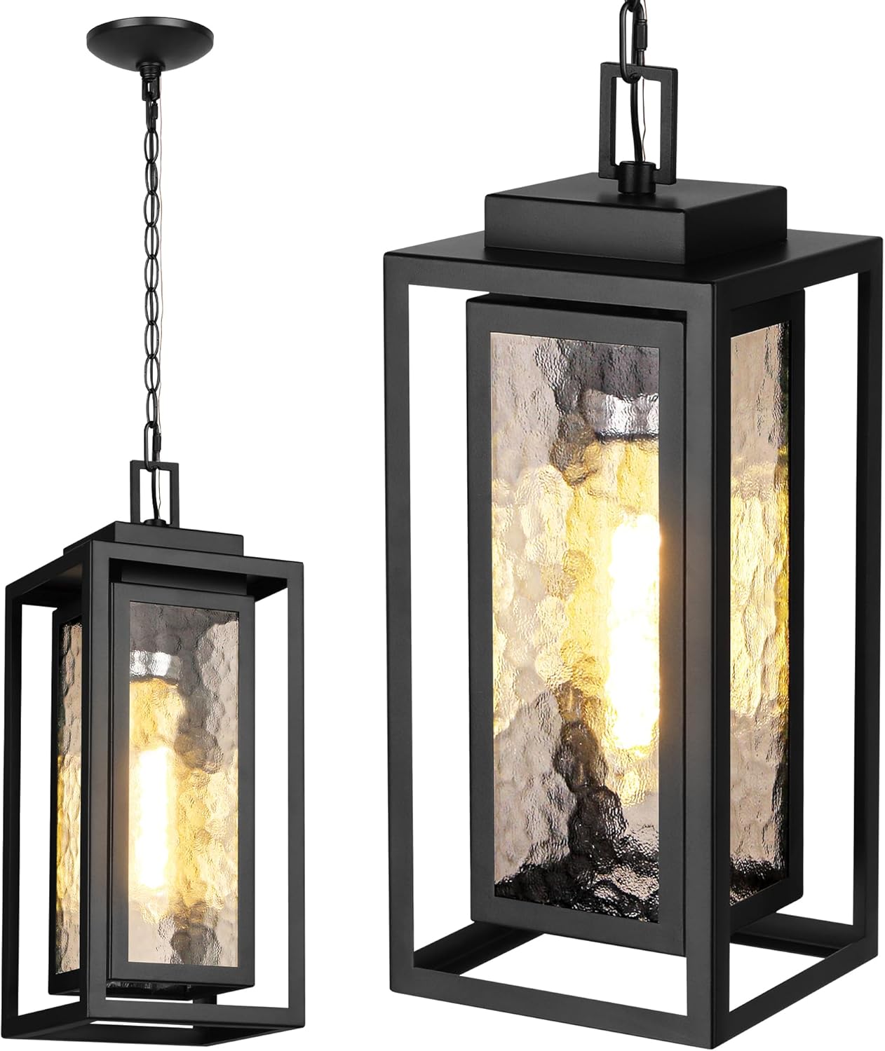 15" Outdoor Pendant Light, Modern Outside Hanging Porch Light, Black Outdoor Chandelier with Water-Ripple Glass, Metal Double Frame Exterior Hanging Lantern Ceiling Mount for Porch (Bulb Included)