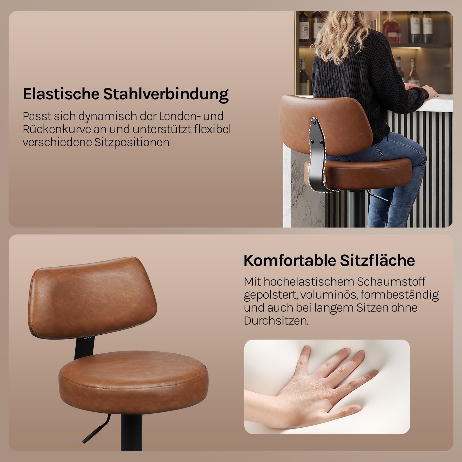 WOLTU Barhocker 2er Set, Barstuhl mit Rückenlehne, PU-Bezug, Braun