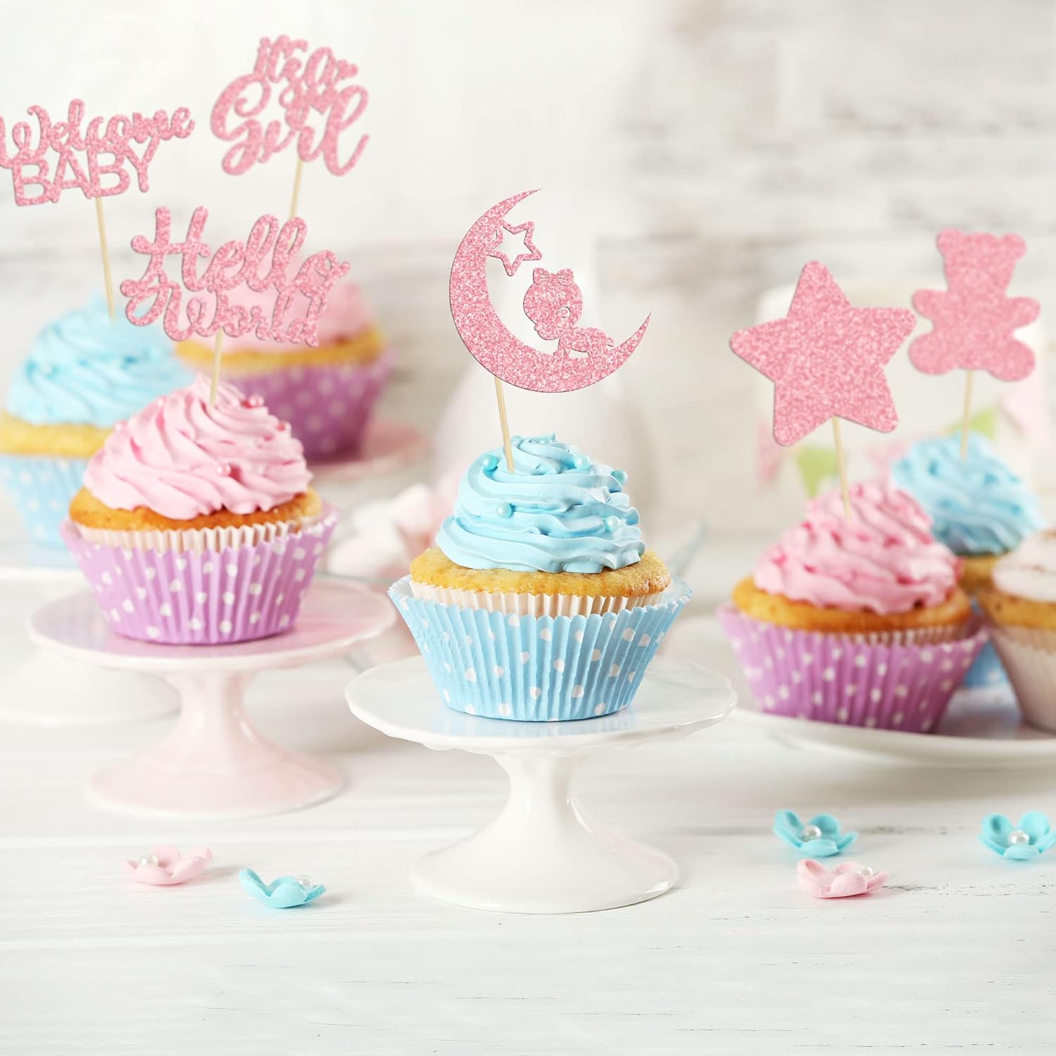 Gyufise 24Pcs Baby Girl Cupcake Toppers with Moon Glitter Star Bear Hello World It's a Girl Baby Shower Cupcake Picks Gender Reveal Kids Girls Birthday Party Cake Decorations Supplies Pink - Image 7