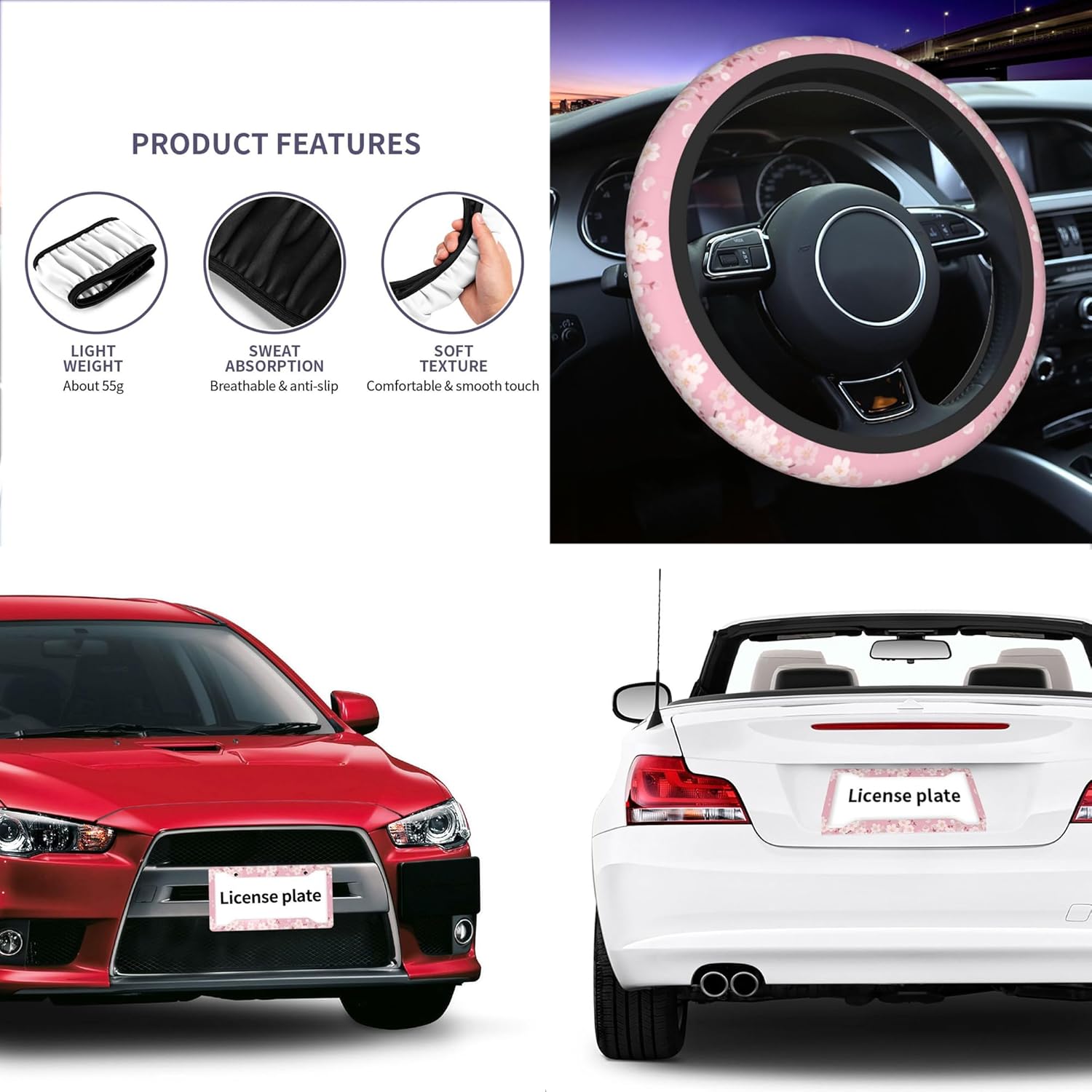 Pink Cherry Blossom License Plate Frame & Flower Steering Wheel Cover Fashion Aluminum License Plate Frames Anti-Slip Breathable Steering Wheels Protector with Screws Fasteners Caps for Men Women