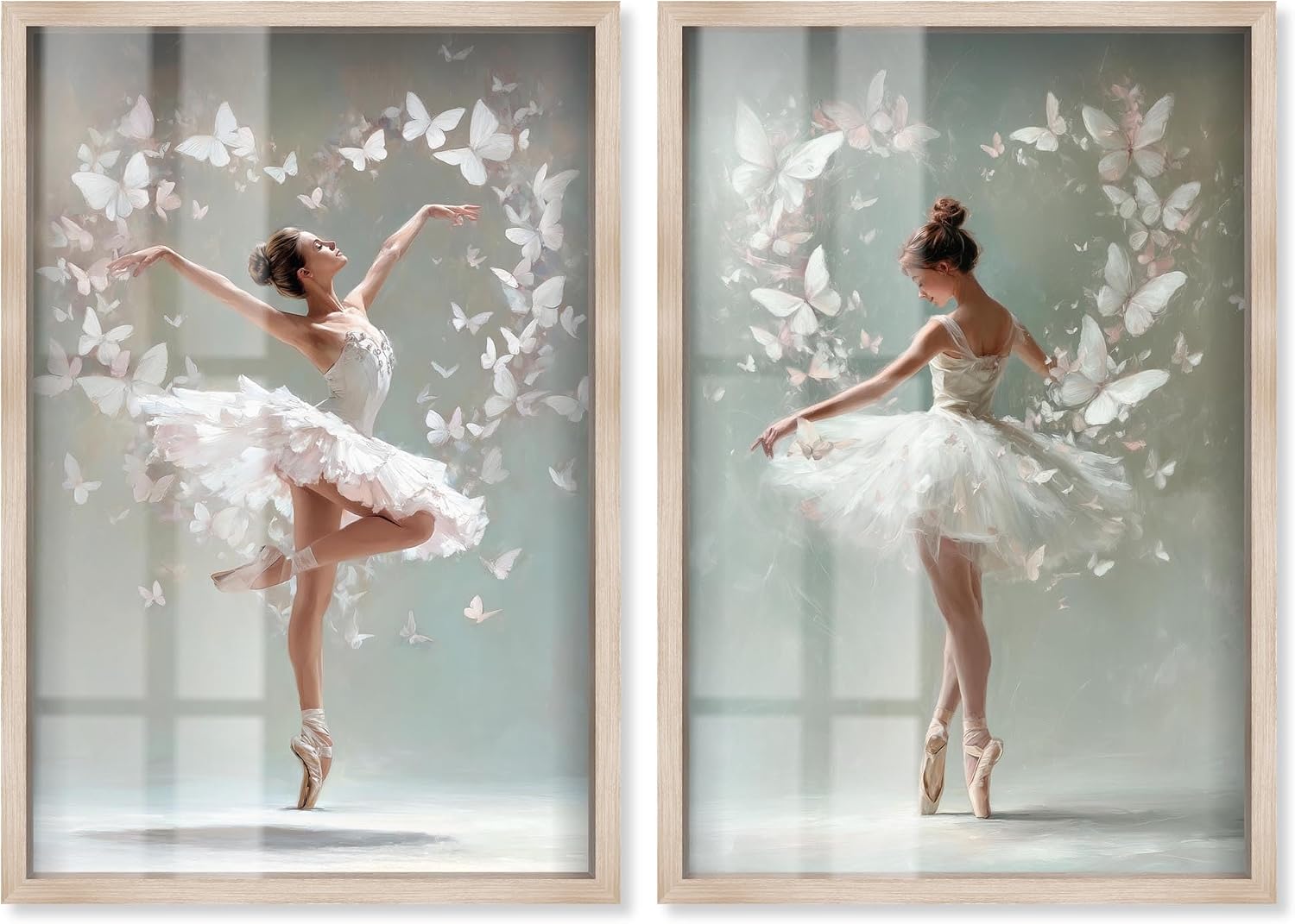 Blush Pink Ballet Reverie 2 Panel Set Shadowbox Print Glam Wall Art by Art Remedy, Blonde Frame, 11 x 16
