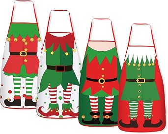 DECYOOL 4 Pcs Christmas Apron, Cute Apron Christmas Party Decorations Costume for BBQ Baking Chef Kitchen Gifts for Kitchen