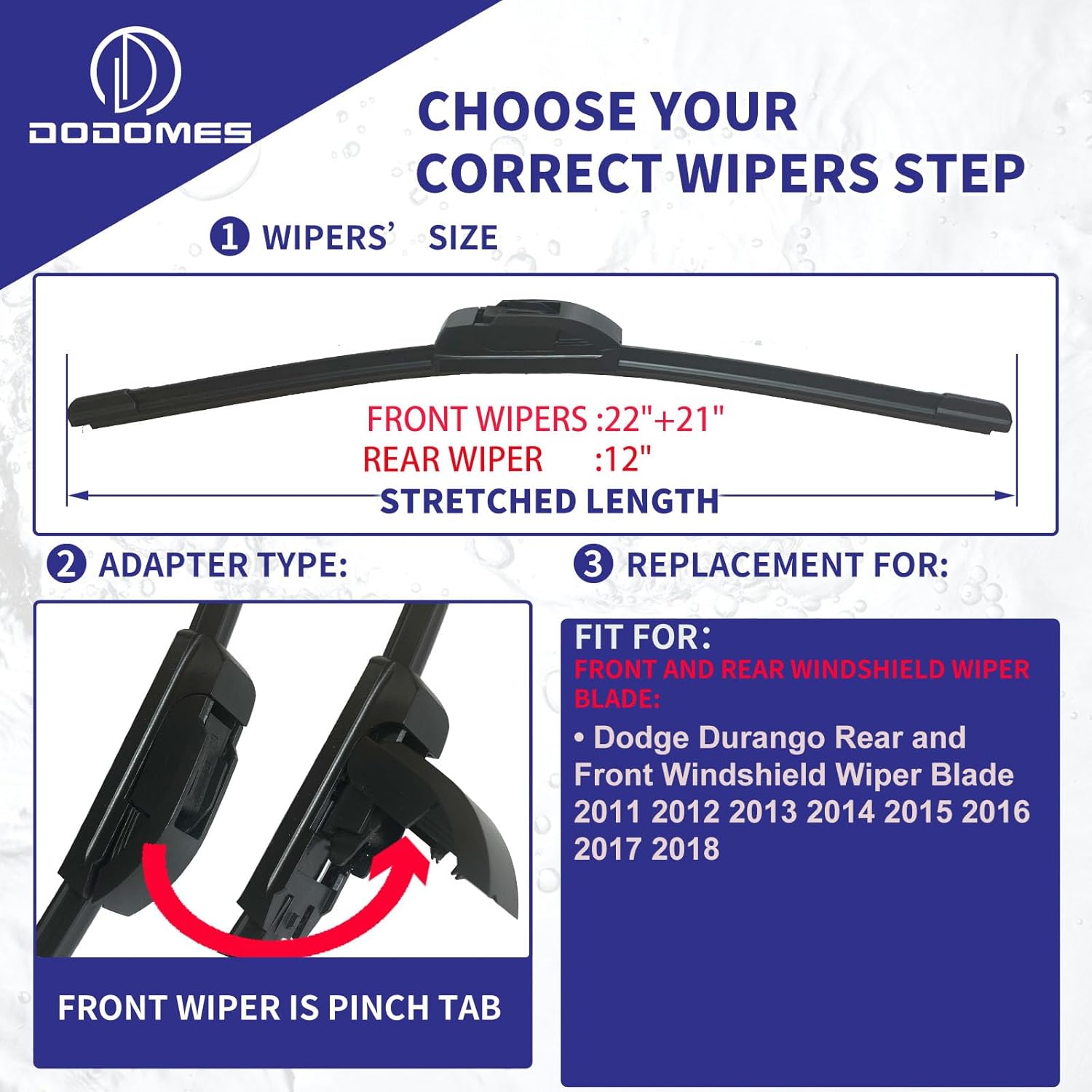 DODOMES 22" + 21" Windshield Wipers with 12" Rear Wiper Blade Replacement for Dodge Durango 2011 2012 2013 2014 2015 2016 2017 2018, Jeep Grand Cherokee-Original Factory OEM Quality (Pack of 3)