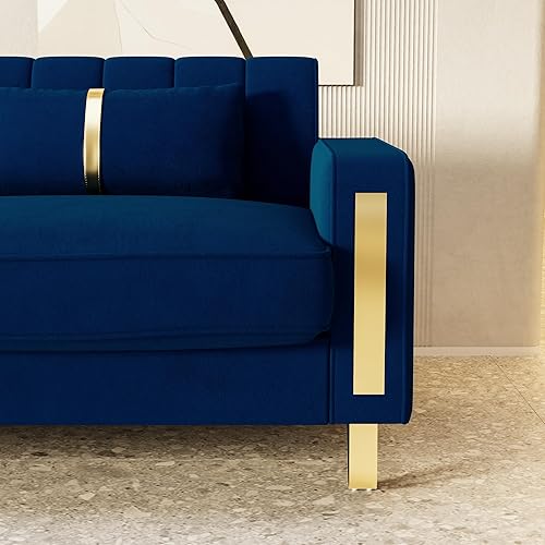 Miniatura 6 de Sofá moderno de terciopelo azul de 85.63 pulgadas con patas de metal dorado, tapizado grande de mediados de siglo, moderno y cómodo de 3 plazas,