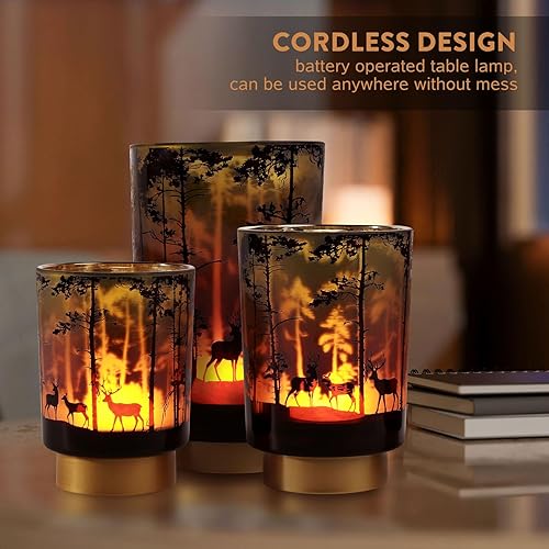 Miniatura 5 de Eywamage Lámpara de mesa grande a pilas con control remoto, lámpara de acento de ciervo del bosque, lámpara de cristal inalámbrica para dormitorio y