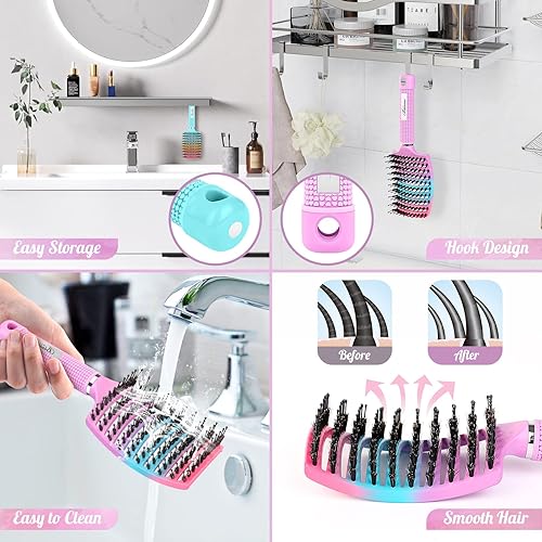 Miniatura 7 de Cepillo de cerdas de jabalí, cepillo desenredante curvado ventilado, secado más rápido, cepillo desenredante para mujeres, hombres y niños, cabello