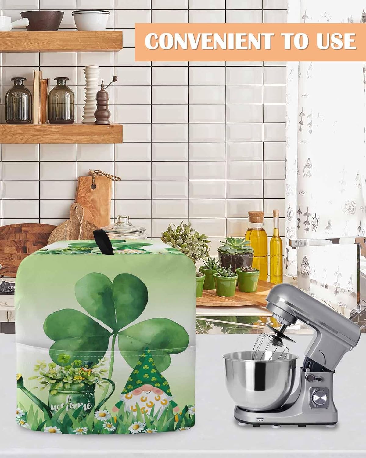 St. Patrick's Day Stand Mixer Cover with Storage Pocket, Waterproof Kitchen Mixer Covers, Green Shamrock Gnomes Watering Can Plants Kitchen Appliance Dust Cover Compatible with 4/4.5 Quart Mixers