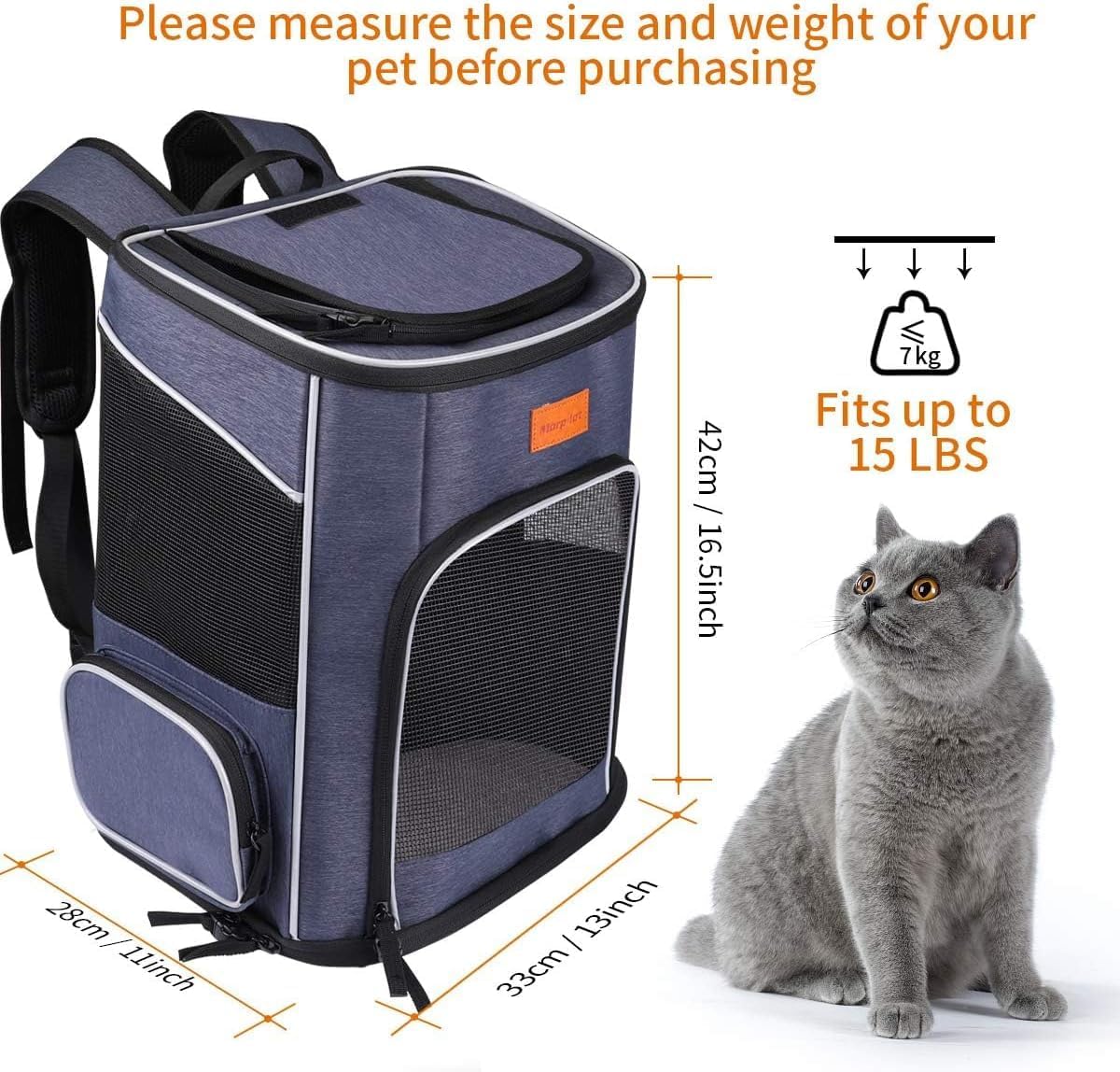 morpilot Mochila Transportín Perro, Mochila Transportín Gato Bien Ventilado con Correa de Seguridad Interior, Bolsa de Transporte para Para Gatos y Perros Pequeños Azul (32 x28 x42cm) + Tazón Plegable