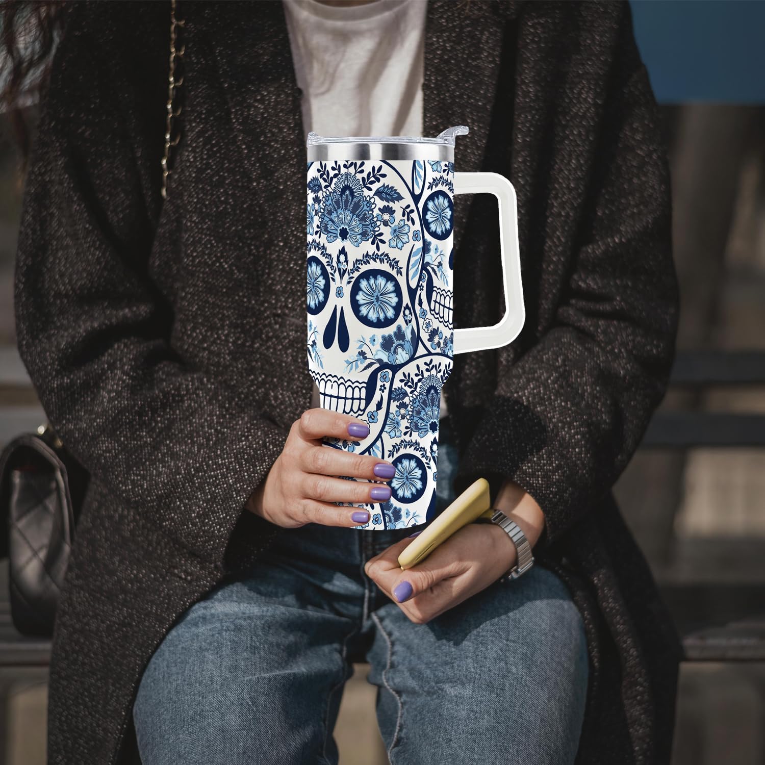 Goth Gifts Goth Tumbler Halloween Tumbler 40 Oz Sugar Skull Gifts Cup For Women Men Spooky Skeleton Travel Mug with Handle Lid and Straw - Image 5