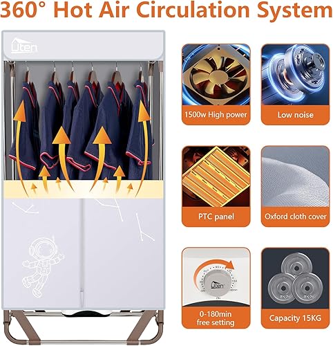 Miniatura 2 de Uten Secadora de ropa portátil, secadora de ropa eléctrica de 1500 W con temporizador, armario de secado de ropa portátil de 2 niveles, estante de