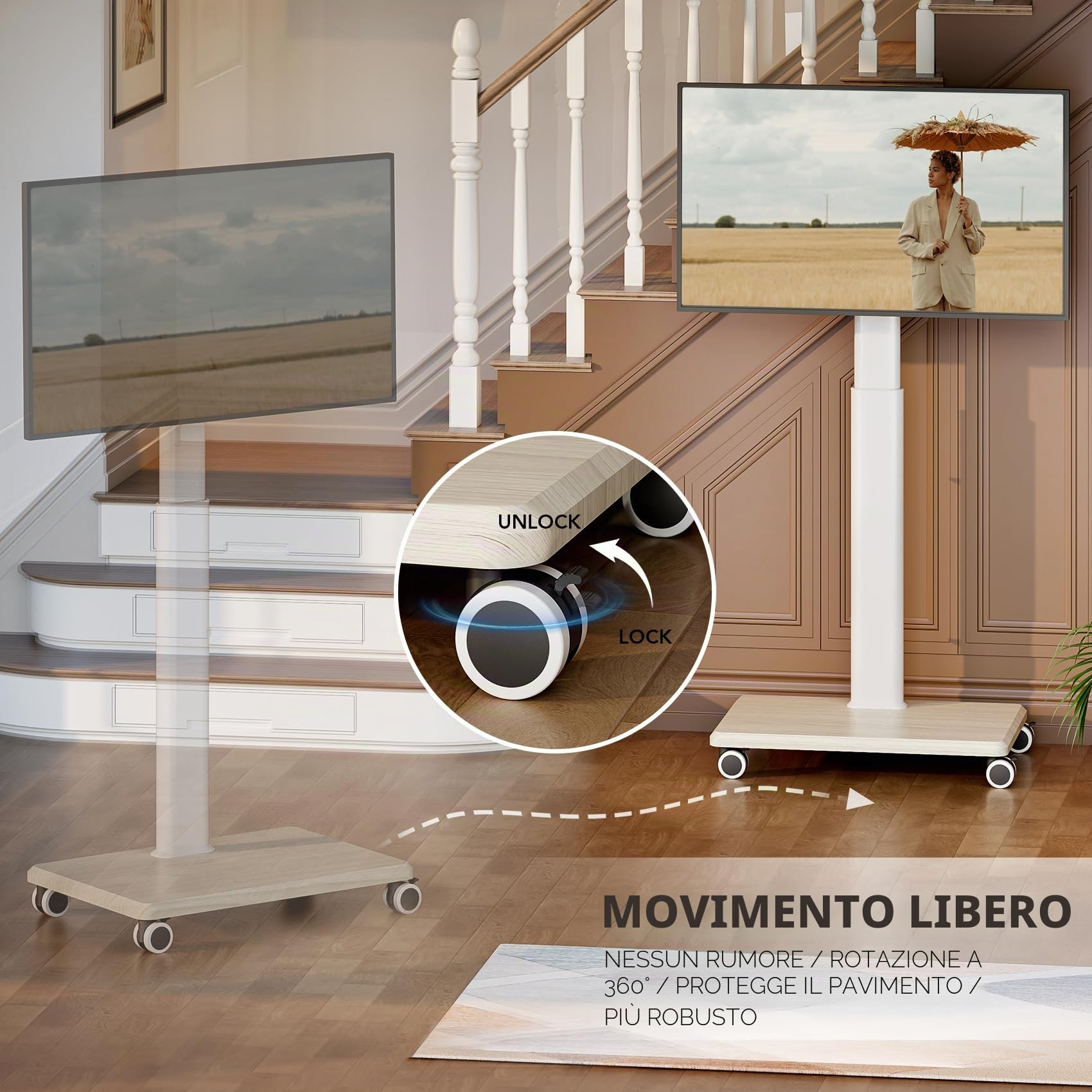 Supporto TV mobile per TV da 27 a 65 pollici, carrello TV portatile con ruote, grande supporto universale con supporto girevole, altezza regolabile per angolo camera da letto, esterno.