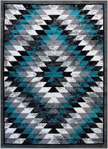 Miniatura 3 de Masada Rugs, Stephanie Collection - Alfombra de área del suroeste de nativos americanos, diseño envejecido 1106 turquesa, gris, blanco y negro (5