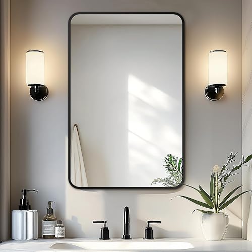 Delma 30x20 Black Framed Bathroom Vanity Mirror, HD Shatterproof Wall Mirror for Over Sink, Horizontal or Vertical Mount