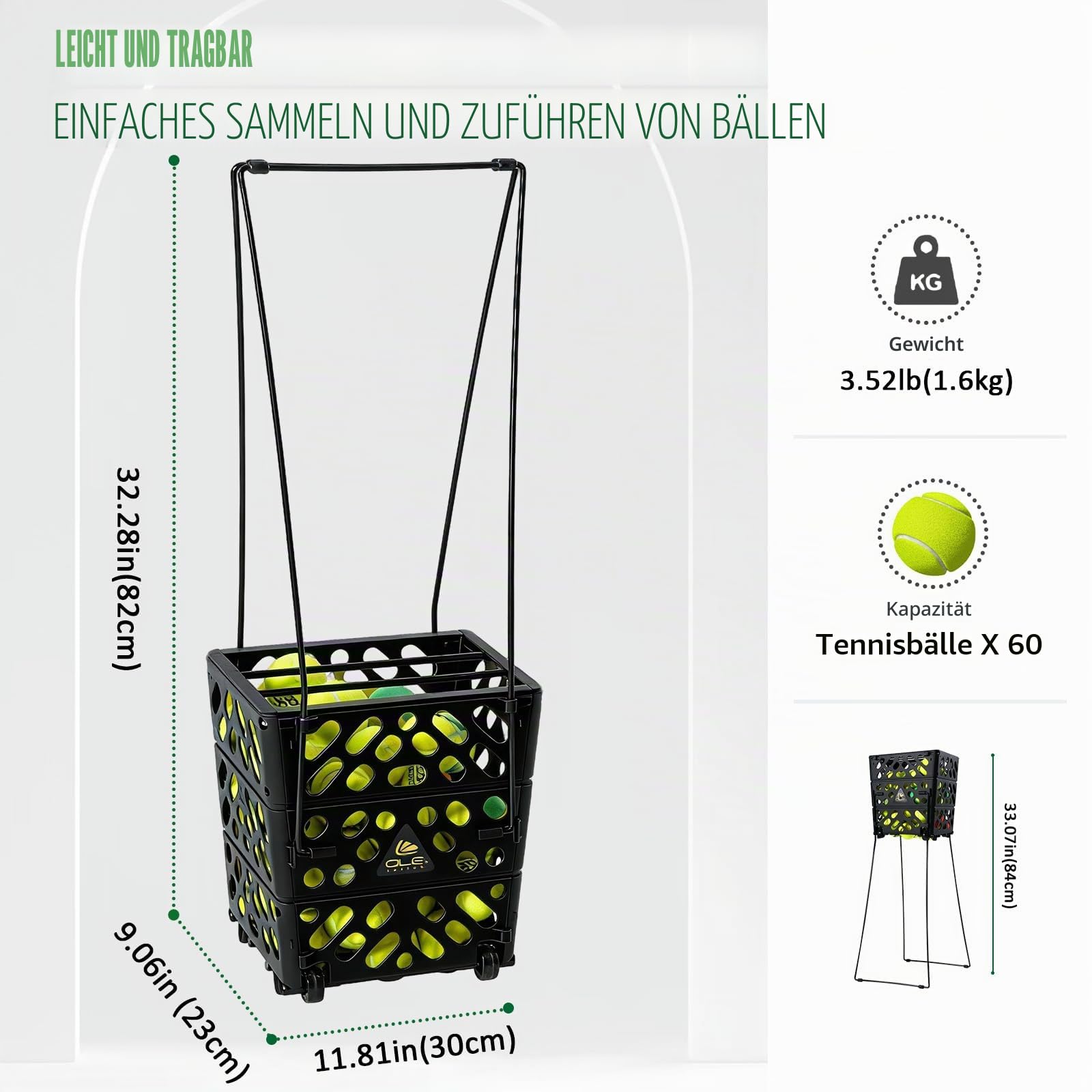 Tennisball-Hüpfer mit Rädern, 60 Bälle Kapazität, leichter Sammler, kein Biegen, freihändiges Ballabholwerkzeug für Training und Platz