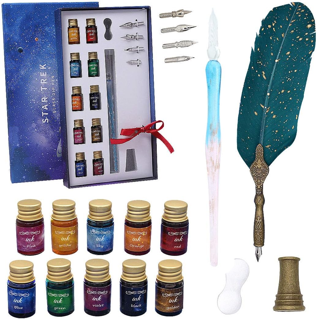 SIPLIV Calligraphy Feather Pen Glass Dip Pen Ink Set, 18 Pcs Gift Set including Feather Dip Pen, Glass Pen, 10 Colors Ink