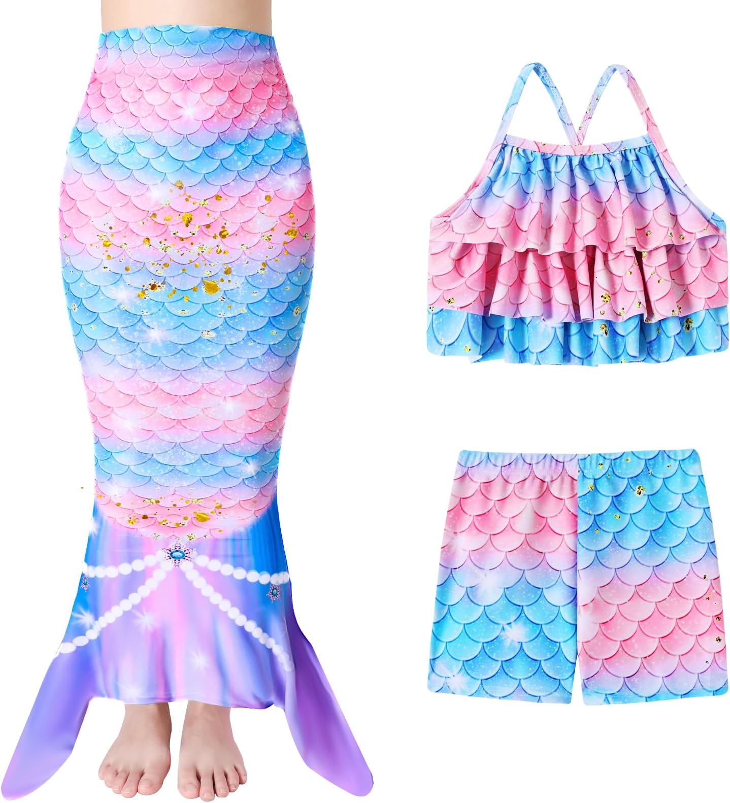 Girls Tankini Swimsuit Kids Bathing Suits Girls Kids Tankini Swimming Suit with Short Pink Fish Tail Set Size 10 11