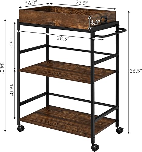 Miniatura 7 de Carrito de isla de cocina, carrito rodante de 3 niveles con bandeja extraíble y estante de asa, islas de almacenamiento de cocina de madera y carros