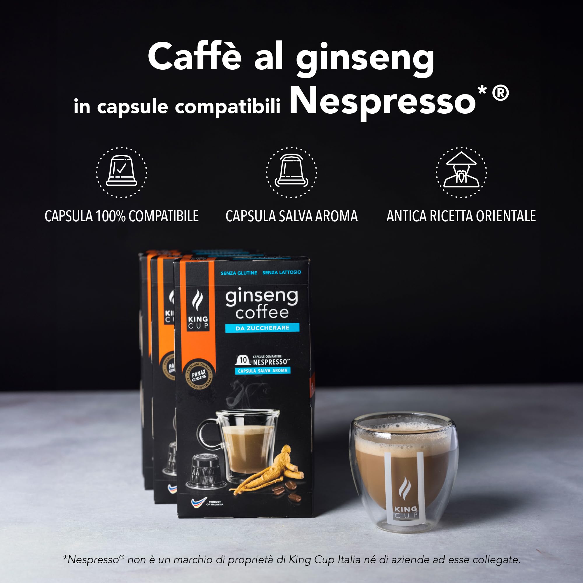 King Cup - 10 Confezioni da 10 Capsule di Ginseng da Zuccherare, 100 Capsule 100% Compatibili con Sistema Nespresso di Bevanda al Gusto di Ginseng, Senza Glutine e Senza Lattosio
