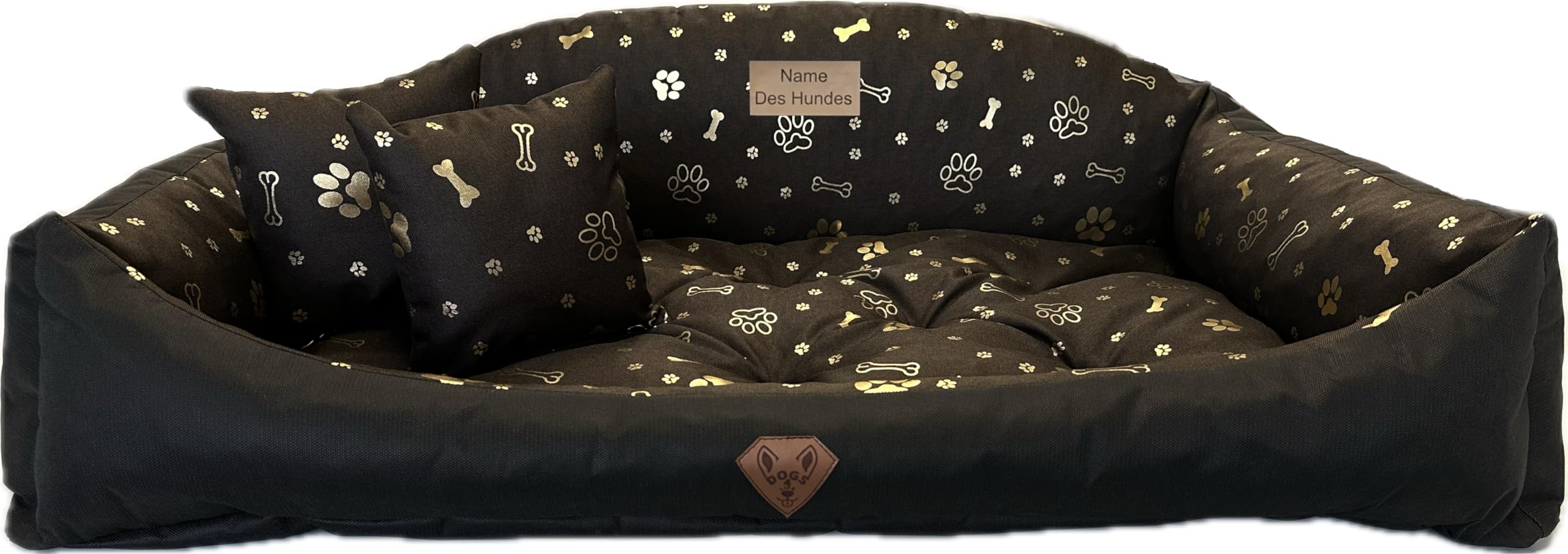 Dogs4Life Nadaje się do prania, ortopedyczne legowisko dla psa, poduszka dla psa, sofa dla małych i średnich psów, rozmiar S - XXL, możliwość personalizacji z imieniem (S, ‎‎‎‎, złote łapy)