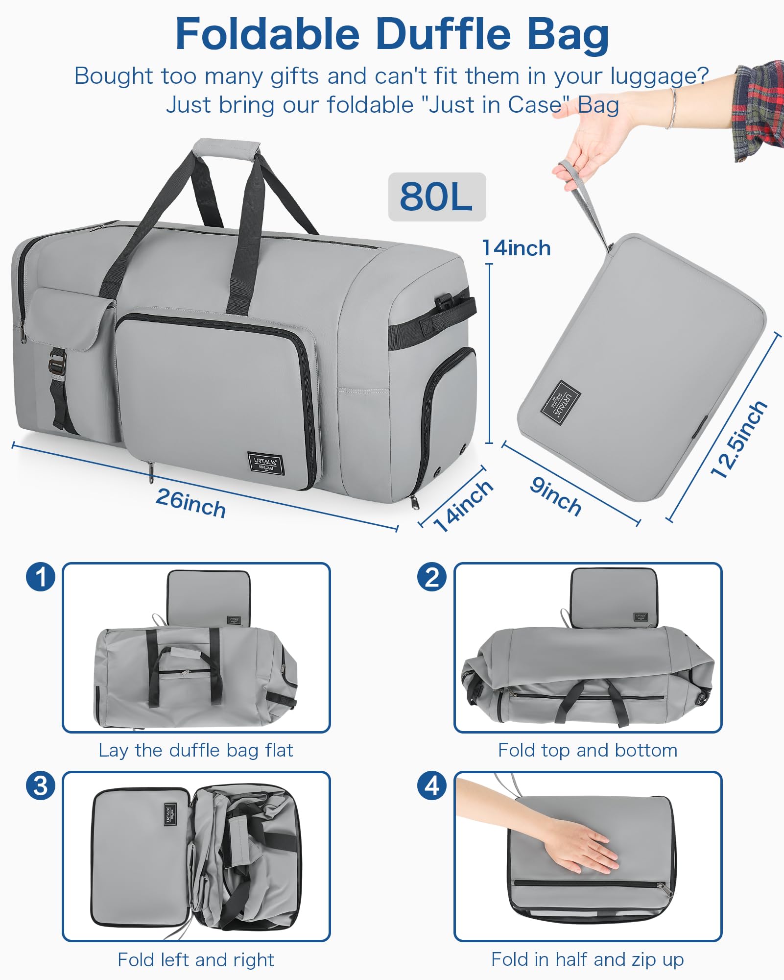 Borsone da viaggio per uomini e donne, grande borsone da viaggio da 86,4 cm, con scomparto per scarpe, borsone da viaggio pieghevole, impermeabile e resistente agli strappi (80 L, 120 L), Grigio, 80L