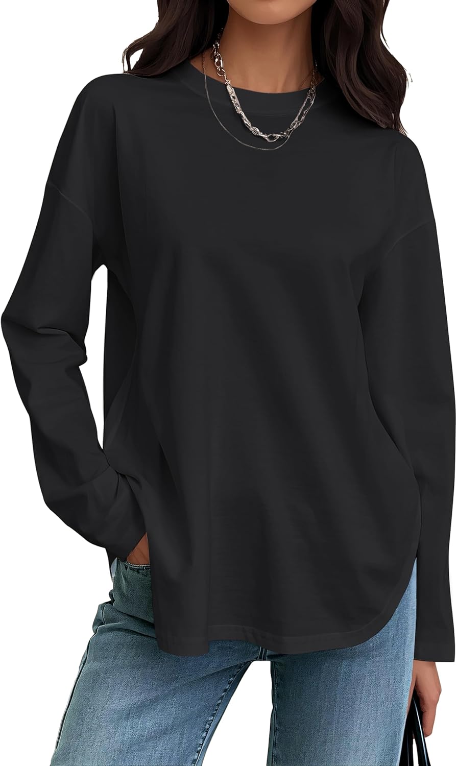 Womens Long Sleeve Stretchy Cotton Blend T-Shirts Tee Crew Neck Oversized Tunic Tops 2025 Trendy Casual