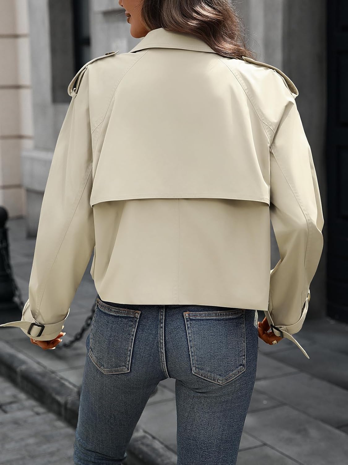 Women's Cropped Trench Coat Lapel Long Sleeve Button Down Crop Jacket Double Breasted Oversized Jacket - Image 5
