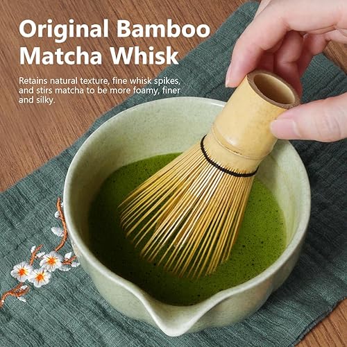 Miniatura 4 de Juego de batidor de matcha, 7 piezas de kit de matcha japonés que incluye cuenco de matcha con boquilla, batidor de bambú, soporte Chasen, tamiz