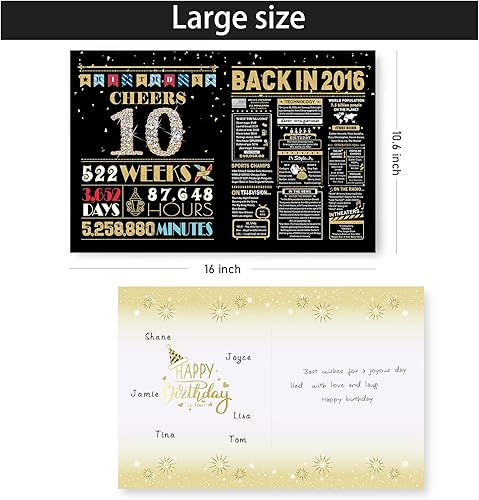 Miniatura 2 de Tarjeta de cumpleaños número 10, decoraciones de cumpleaños número 10 para niñas y niños, regalos divertidos para hija e hijo, tarjeta dorada negra