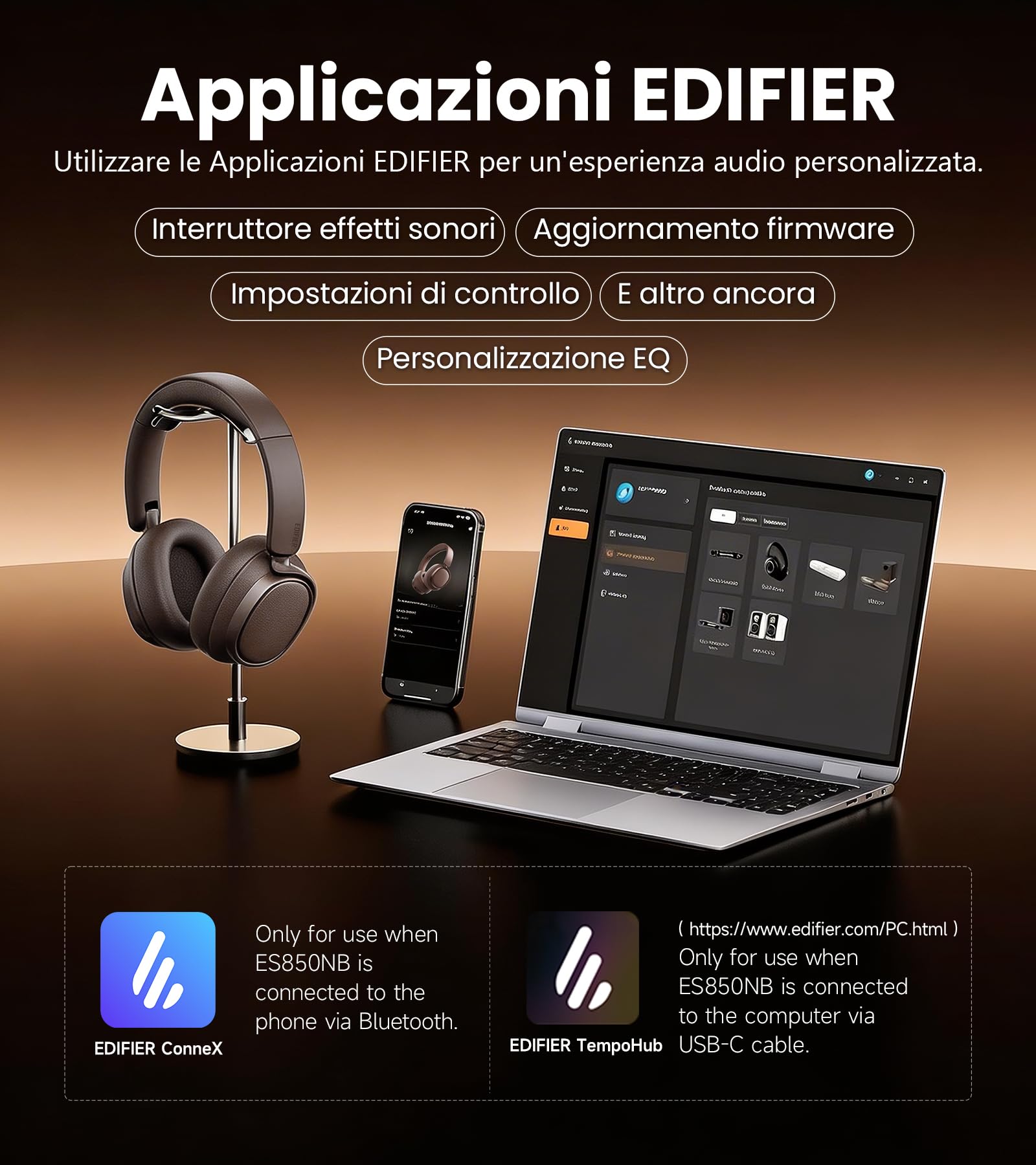 Edifier ES850NB Cuffie Over Ear Wireless, 45dB ANC, Audio Hi-Res, LDAC, 92h Autonomia, Bluetooth 5.4 e Multipoint, Riduzione del Rumore nelle Chiamate con IA (Marrone)