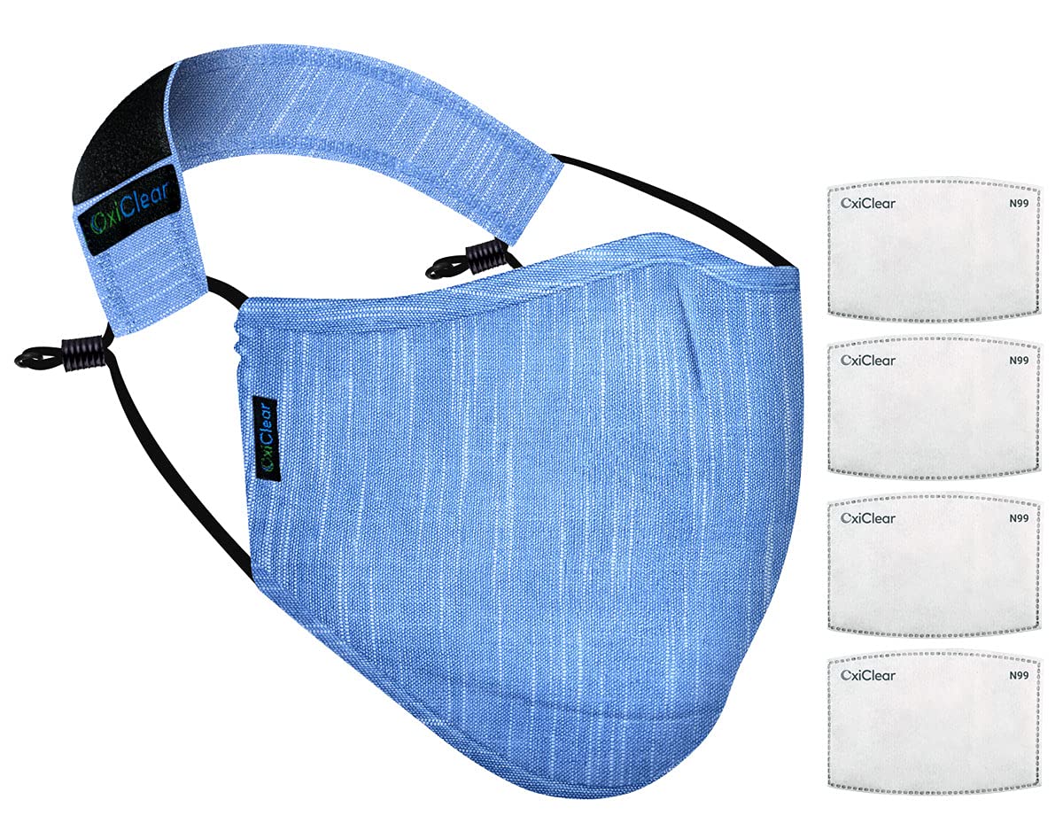 OxiClear N99 Handloom Linen Face Mask with 4 Activate Carbon Filters & Detachable Headband, DRDO Certified