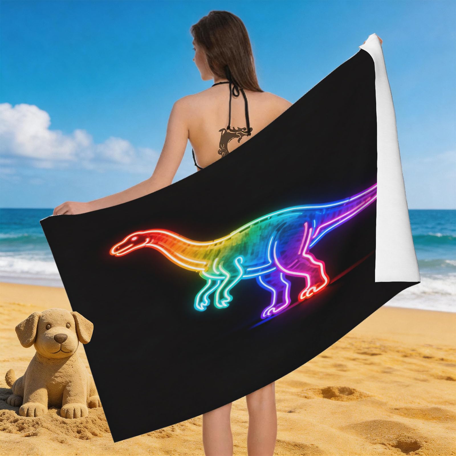 Leichong 3D Neon Dinosaur Beach Towel Microfiber Soft Quick Dry for Adults, Cartoon Bath Towel Lightweight Soft Absorbent for Travel Swimming Pool Sports, 75 x 150 cm
