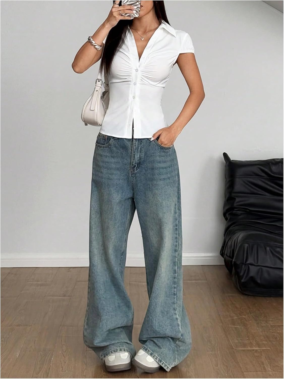 SOLY HUX Women's Summer Button Down Shirts Ruched Collared V Neck Cap Sleeve Blouse Going Out Tops - Image 5