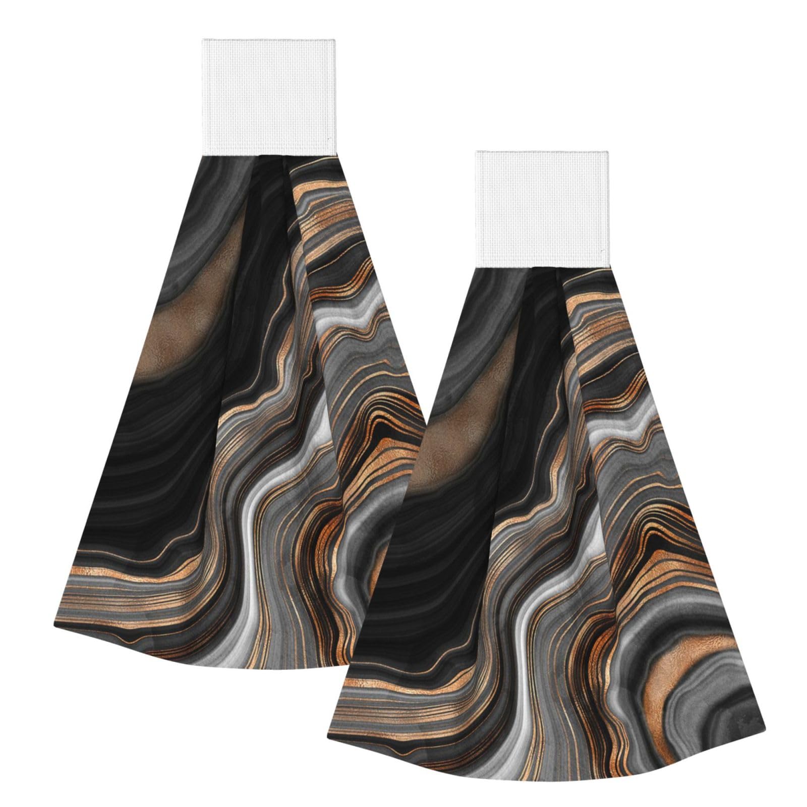DOPKLNA Elegant Black Marble With Gold And Copper Veins, 2 Pcs Hanging Coral Fiber Hand Towels for Bathroom, Absorbent Kitchen Towels